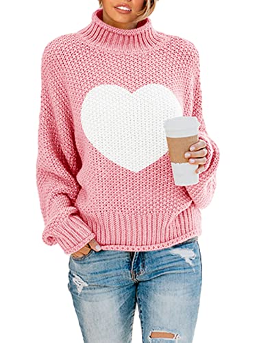 Saodimallsu Womens Heart Sweater Oversized Turtleneck Sweaters Batwing Long Sleeve Pullover Loose Chunky Knit Tops