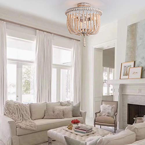 Flush Mount Ceiling Light,12.6-Inch Boho Light Fixtures,3-Light Wood Beaded Chandelier,Semi-Flush Mount Light For Bedroom,Hallway,Entryway,Lounge And Foyer #TOP4