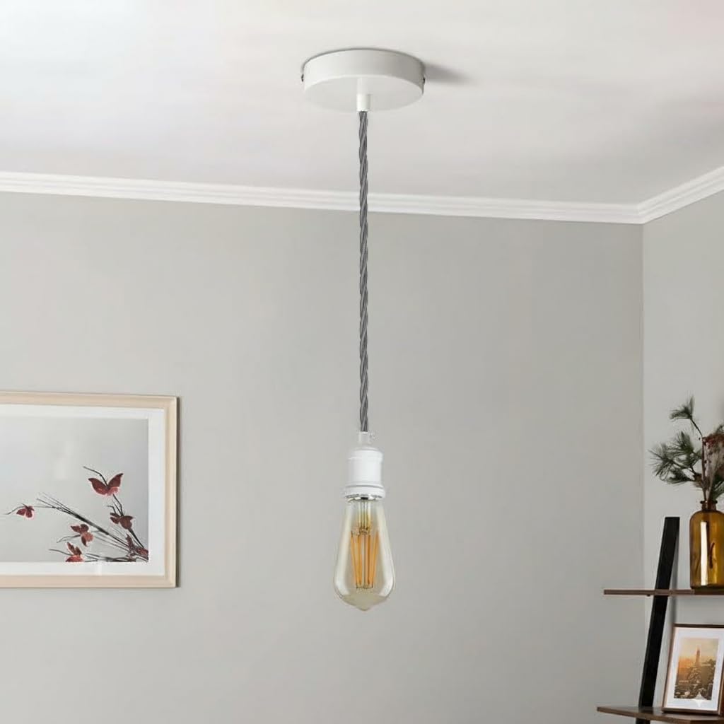 DC VOLTAGE Vintage Pendant Light Fitting Kit Grey Braided Flex Ceiling Lamp White E27 Light Fitting Kit for Kitchen, Dining Room, Cafe, Loft, Bar