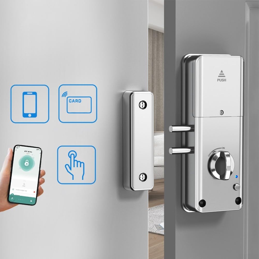 TTlock para cerradura de puerta de madera invisible inteligente con aplicación y tarjeta IC para desbloquear, compatible con múltiples usuarios autorizados y notificaciones en tiempo real (plata)