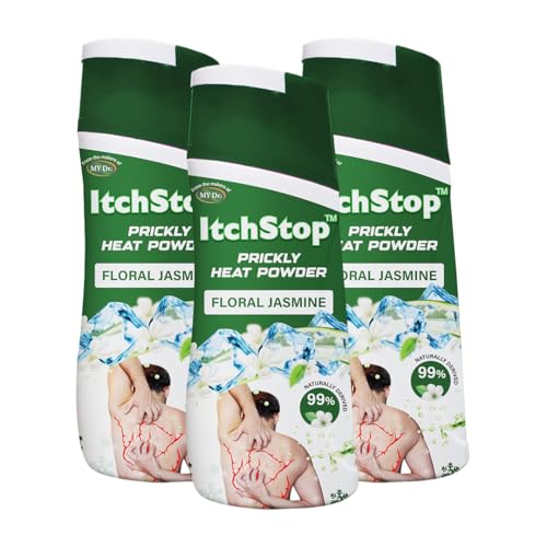 Image of Itchstop Prickly Heat Powder | Fast Cooling Relief from Prickly Heat, Rashes, Itching, Sunburn, Sweat, Excess Moisture, Body Odor, Skin Burning & Irritation | Keeps Skin Fresh, Dry & Free from Bacteria All Day | Fine-Textured Talc for All Ages - Adults & Kids | 150g (Floral Jasmine (Pack of 3))