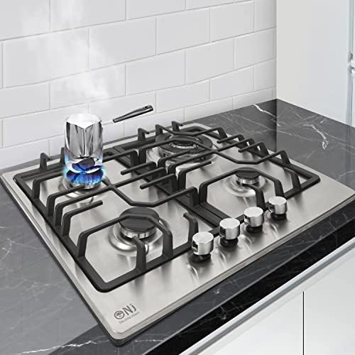 NJ-600S Gas Hob 4 Burner - 60cm Built-in Stainless Steel Cooktop NG/LPG Convertable Cooker with Cast Iron Supports & FFD