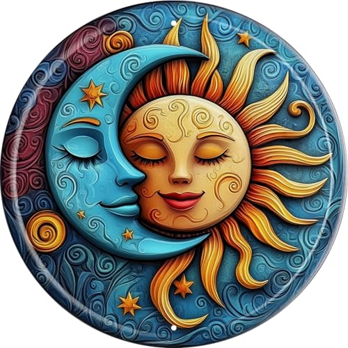 FWBOYSV Vintage Round Tin The Sun And Moon Sign Retro Metal Sign Suitable For Home Street Shop Garage Bar Farm...