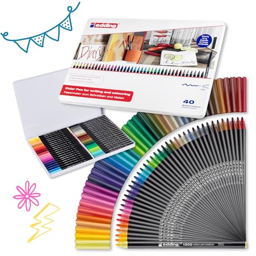 edding 1300 feutre de coloriage fin pointe moyenne - multicolore - 40 stylos - pointe ronde 2 mm - pour dessiner et écrire - pour l'école, les mandalas, le doodling, les bullet journals