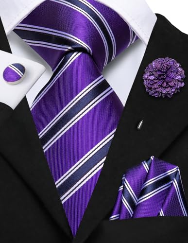 Image of Hi-Tie Navy Purple Ties for Men Silk Business Necktie Striped Mens Tie and Flower Lapel Pin Pocket Square Cufflinks Set