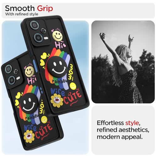 Image of Pikkme Back Cover for Redmi Note 12 | Soft Silicone| Cute Rainbow Smile & 3D Cartoon Flower Design | Shockproof Raised Camera Protection Bumper Case (Black)