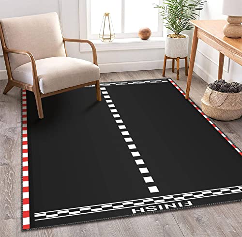OBIEORNNCFUJ Kids Area Rugs Race Track with Start and Finish line Car or Karting Road Racing 3D Rugs for Playroom Bedroom Classroom Decor Yoga Mat Non-Slip Floor Outdoor Mat Carpets for Kids 4x6 ft