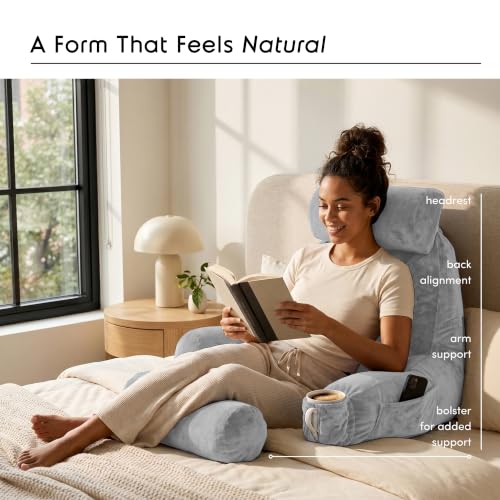 Image of Nestl Reading Pillow with Shredded Memory Foam Includes 2 Neck and Lumber Support Pillows, Designed for Sitting Up in Bed and Couch, Back and Arms Adjustable Support for Adult & Teens, Light Grey