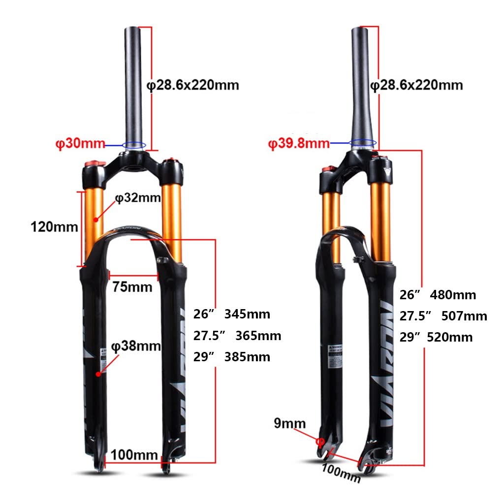 Widelec amortyzowany MTB 26/27,5/29 cali z skokiem sprężyny 100 mm (1-1/2"), stożkowy amortyzator, blokada QR, ręczna blokada i stop magnezu.