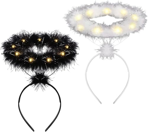 Miniatura 6 de Diadema con halo de ángel con luz LED, blanco y plumas, diadema de halo de ángel para Navidad, disfraces de ángel LED blanco con luz LED