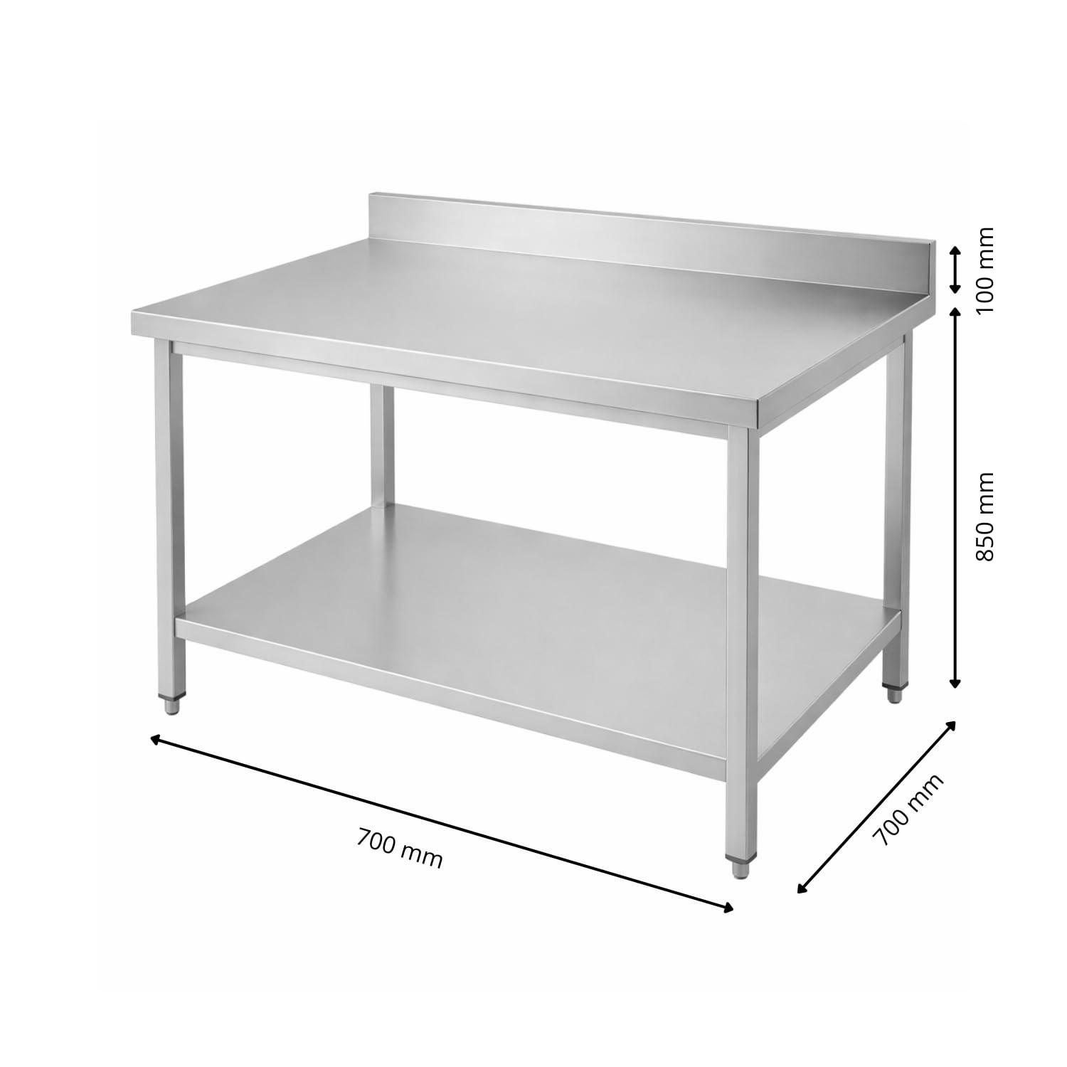 Générique Table INOX Professionnelle Adossée 700 × 700 mm | Dosseret 100 mm, Étagère Basse, Usage Intensif