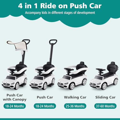 Image of Licensed Mercedes Benz Push Car for Toddlers by INFANS, 3 in 1 Sliding Walking Car with Push Handle, Horn, Music, Underneath Storage, Foot-to-Floor Ride on Toys for Boys Girls, White