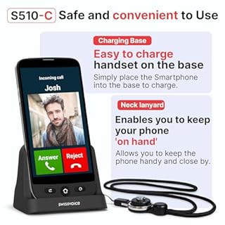 SWISSVOICE - Smartphone S510-C + Charging Cradle + Neck Strap - Easy to use - Big Buttons - SOS Geolocation Button - Smartphone Seniors 4G - Unlocked - Black