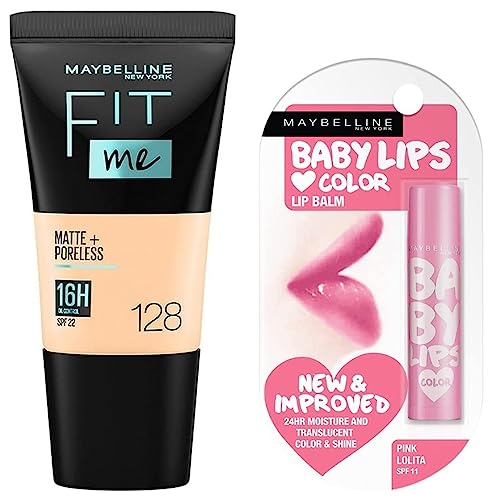 Image of Maybelline New York Baby Lips Lip Balm, Pink Lolita, 4g and Maybelline New York Fit Me Matte+Poreless Liquid Foundation Tube, 128 Warm Nude, 18ml