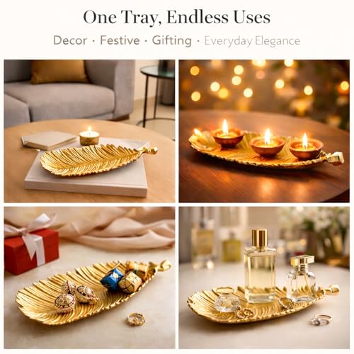 Image of MARKET 99 Decorative Golden Tray | Aluminium Embossed Designer Dish for Home Decor & Table Use | Ideal Christmas Gift for Home, Housewarming, Diwali, Weddings, Festivals & Modern Living Room Styling
