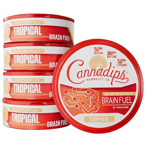 Cannadips - Tropical Energy Pouches - Nootropic Caffeine Pouches - 50mg Lions Mane 100mg Caffeine 50mg L-Theanine No Sugar - Energy Brain Fuel for Cognitive Performance - Made in USA (5-Pack)