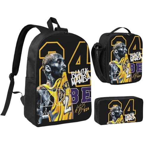 3 Piece Basketball Player #8 And #24 Large Capacity Travel Backpack+Lunch Box+Pencil Case For Men Women Fans Notebook Laptop Bags Hiking Camping Work-Style 62