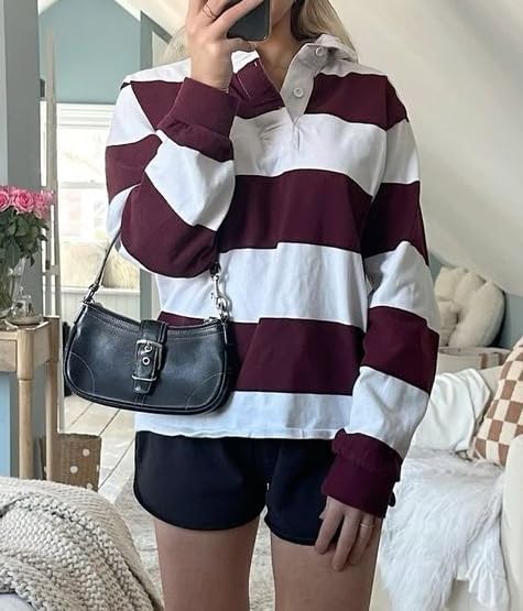 NUFIWI Y2k Rugby Shirt for Women Long Sleeve Striped Oversized Polo Sweatshirts Fall Trendy Collared Pullover Tops - Image 2
