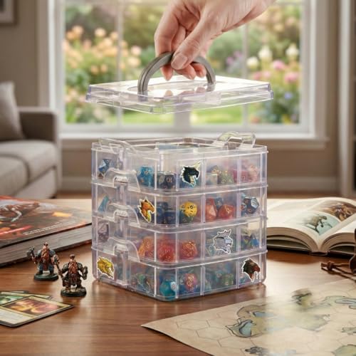 Image of PUGED DND Dice Storage Box with Removable Dividers Polyhedral Dice Plastic Organizer Holding Up To 1200 Dices Craft Bead Compartment Container with Stickers for Sewing, Jewelry, Art, DIY