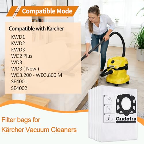 Miniatura 2 de Gudotra 10 Bolsas De Repuesto Para Aspiradora Wd3 Compatibles Con Kärcher Wd2plus Wd2 Wd3 Kwd 1 Kwd 2 Kwd 3 Mv 3 Wd 3.200-Wd 3.800 M Se 4001 Se 4002, Repuesto 2.863-314.0 Kfi 357 Bolsa De Aspiradora