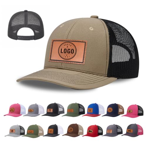 Image of Custom Hats for Men and Women, Personalized Baseball Cap with Leather Patch | Design Your Own Hat with Logo, Photo or Text, Breathable Mesh Back, Adjustable Customized Trucker Hats for Adults