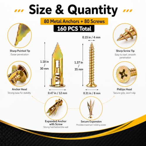 Image of Jyphorixal 160 PCS Self Drilling Drywall Anchors with Screws Kit, Heavy Duty Metal Wall Anchors for Drywall, Sheetrock Anchors 0.47x1.18inch with Screws, No Drill Dry Wall Anchors and Screws Kit