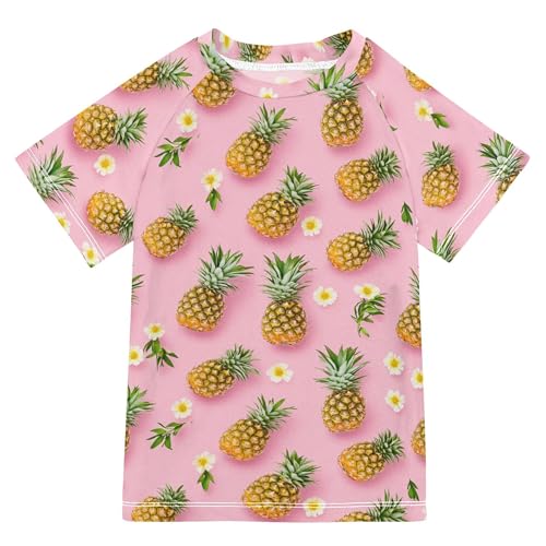 Wudan Funny Pineapples Fruit Pink Bathing Suit Kids UV Protection Rash Guard Swim Girls Swimwears Polyester Shirts for Youth Boys 9-10Y