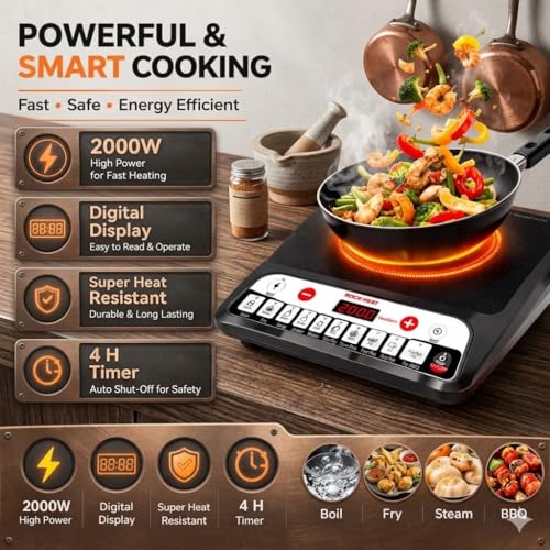 Image of Drumstone (15 Years Warranty) 2000W Portable Induction Cooktop - Fast Heating Electric Stove with Digital Display, Auto Shut-Off, Preset Cooking Modes & Energy-Saving Design
