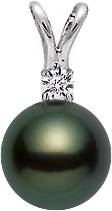 PremiumPearl 14k White Gold AAAA Quality Black Green Japanese Akoya Cultured Pearl Diamond Pendant for Women