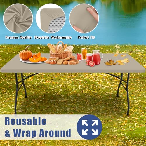 Moosfor Spandex 6 Foot Rectangle Table Cloth 2 Pack, Elastic Fitted Tablecloths for Picnic, Stretch Washable Patio Table Cover for Outdoor, Camping, Banquet and Parties (Taupe, 30
