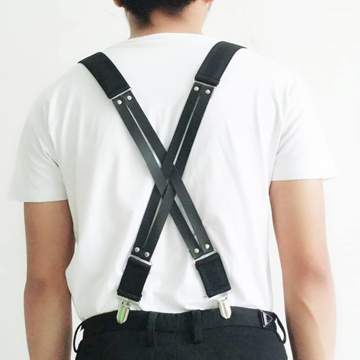 Szelki męskie， Szelki męskie X-Back 1,4" szerokie, regulowane, solidne, proste, skórzane, z klipsem dla mężczyzn(Black)