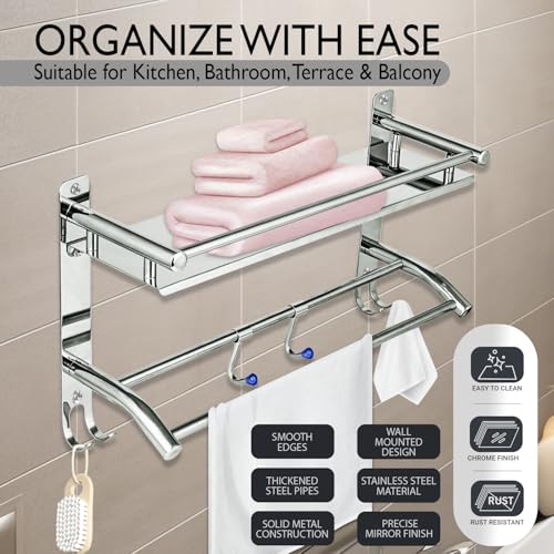 Image of Zureni 2-in-1 Shelf Rack for Bathroom 304 Grade Stainless Steel Towel Hanger with Multiple Hooks Multipurpose Wall Mount Accessories Storage Stand Home Washroom (Pack of 1)