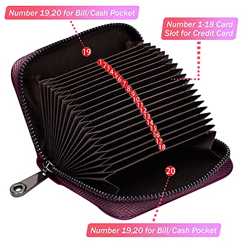 Image of LINNO RFID 20 Card Slots Credit Card Holder Genuine Leather Small Card Case for Women or Men Accordion Wallet with Zipper, Purple,