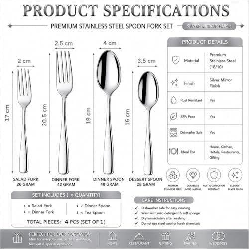 Image of Classic Silver 4 Pcs Stainless Steel Cutlery Set for Dining Table, Dishwasher Safe Glossy Flatware (Perfect Spoon Fork Set)