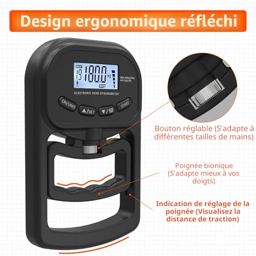 Dynamomètre de force de préhension 180 kg testeur numérique rechargeable