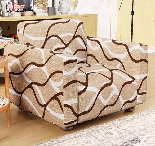 Image of Lukzer 1 Seater Sofa Cover - Beige Lining | 360 Fully Covered Anti-Slip Washable Couch Cover Protecter | 140 GSM Stretch Fit Polyester + Spandex Slipcover (90-140cm /SC-021-01)