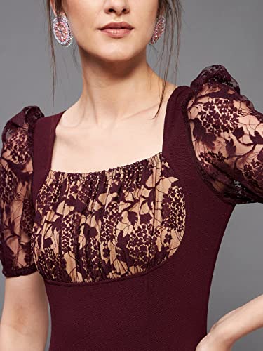 Image of Miss Chase Womens Bodycon Square Puff Sleeve Solid Lace Overlaid Ankle Length Dress
