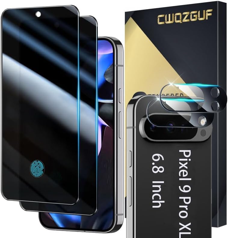 [2+2 Pack] Privacy Screen Protector Compatible with Pixel 9 Pro XL 5G 2 Tempered Glass Film with 2 Camera Lens Protectors High Clarity Bubble Free Anti-Spy Protection