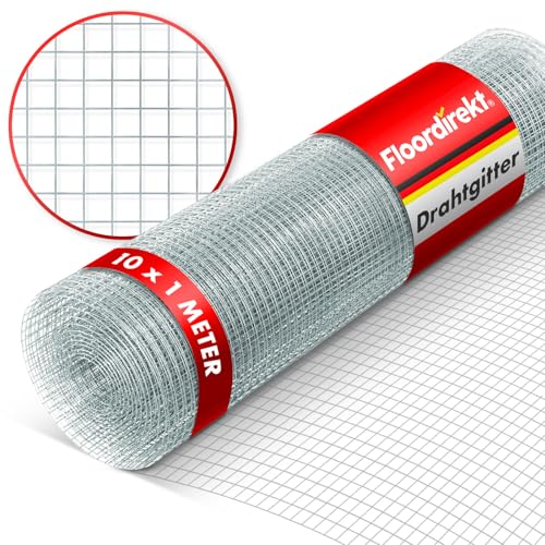 Floordirekt Drahtgitter feinmaschig - Maschenweite 6,3 mm - verzinkt - 100cm Höhe x 10m Länge - Rolle extra lang - Metallgitter als Volierendraht, Kaninchendraht, Wühlmausgitter für Hochbeet im Garten