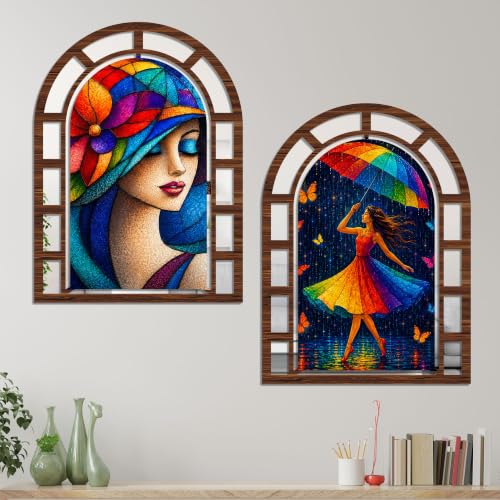 Image of Artvibes Modern Colorful Woman Theme Jharokha Mirror | Wall Hanging Decor for Living Room, Bedroom, Hall, Dining Room, Office & Entryway | Gift (WH 12007N), Set of 2