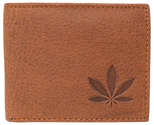 MARSHAL Marijuana Leaf RFID Blocking Real Leather Bifold Classic Wallet for Men