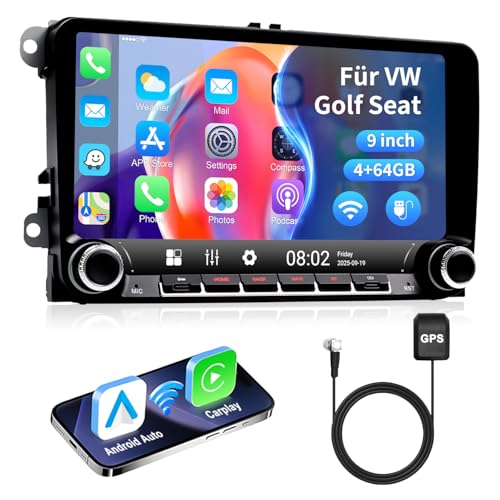 ESSGOO Android 14 Autoradio für VW Golf 5/6 T5 Passat Polo Touran Tiguan Caddy Seat 9 Touchscreen mit Wireless CarPlay/Android Auto Plug & Play 4+64GB GPS Navi Bluetooth