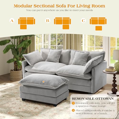 Image of 77.6 inch Modular Sectional Sofa,Loveseat Couch for Living Room, Modern Deep Seat Sofa 2 Seater Chenille Fabric Comfy Cloud Couches with Throw Pillows & Ottoman for Apartment,Small Spaces