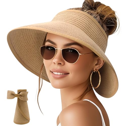 Image of NPQQUAN Sun Visor Hats for Women Wide Brim Ponytail Straw Beach Hat Packable Foldable UPF 50+ Floppy Travel Hats