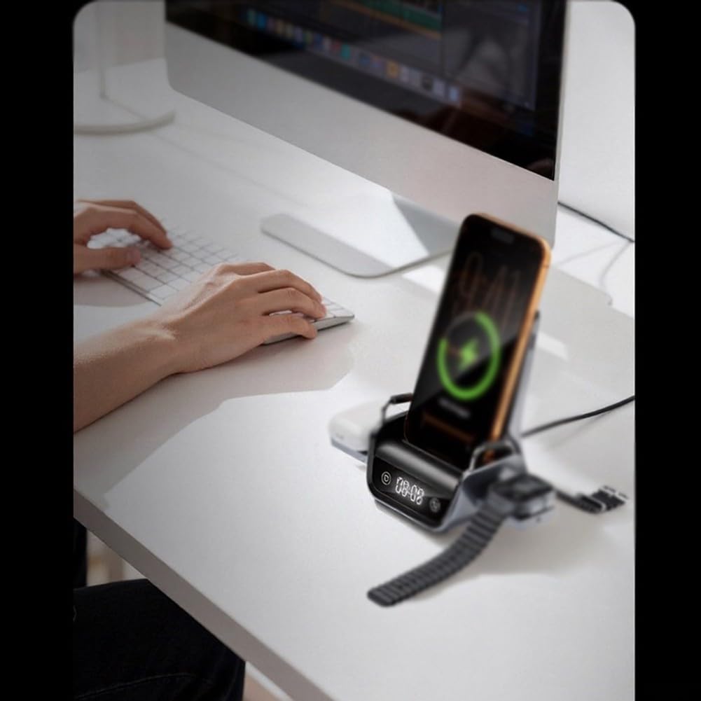 Stazione di Ricarica Wireless, 15 W, Caricabatterie da Tavolo Veloce, Supporto Nero con Display per Orologio, per smartwatch, Telefono, Uso Quotidiano in Ufficio