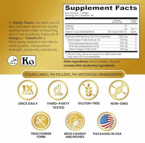 Image of SIGNIFY NATURE Omega-3 + D3 Fish Oil 1000mg / Vitamin D3 5000IU 90 Softgels | Omega3 1000mg Triglyceride Capsules, Heart Health & Immune Support, High Potency EPA DHA + VIT D 3, 3-Month Daily Supplement