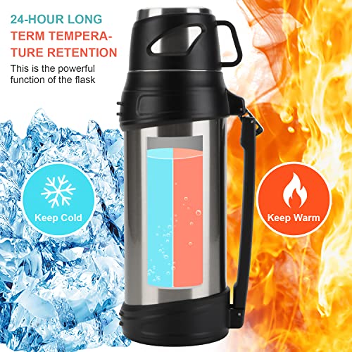 Comvi 68Oz Large Coffee Bottle For Travel – 24 Hours Hot & Cold Flasks For Hot And Cold Drinks, Stainless Steel Vacuum Insulated Hot Water Bottle With 2 Cups For Hiking & Camping Thermas - Silver #TOP1