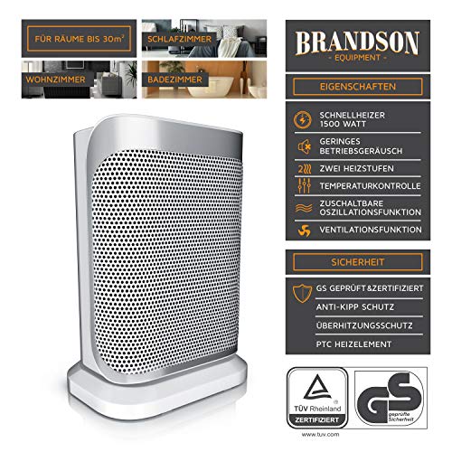 Brandson - Heizlüfter energiesparend leise - 1500 Watt - 2 Leistungsstufen - Heizlüfter Badezimmer - stufenlose Temperaturregelung - Keramik Heizelement - Thermosicherung - Heizung Heater