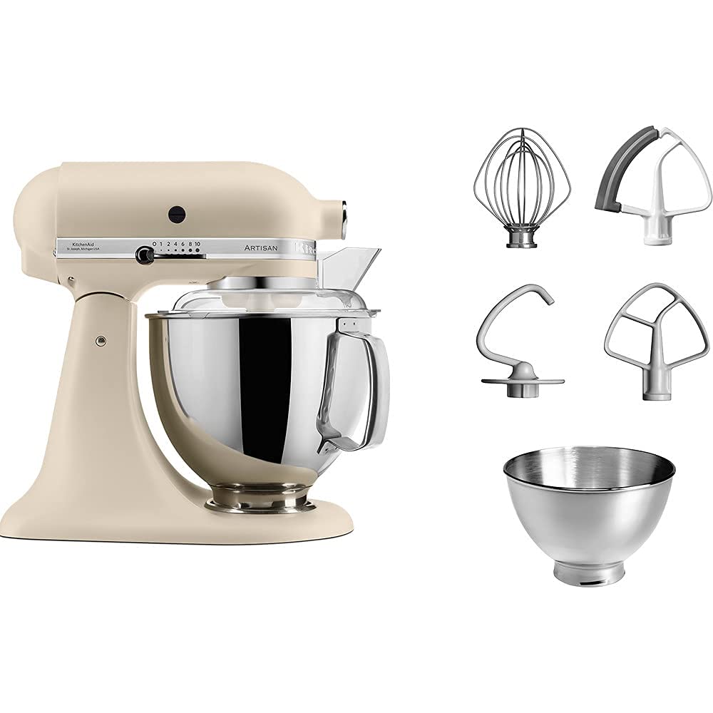 KitchenAid Robot Pâtissier - Artisan - Robot cuisine multifonctions à tête inclinable - Batteur avec 5 accessoires et 2 bols inox de 4,8 et 3 L - Fresh linen