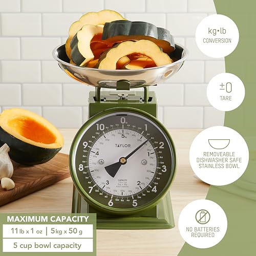 Image of Taylor Analog Kitchen Scale, Stainless Steel Mechanical Food Scale with Removable Bowl, 11 lb Capacity, Large 5-Inch Dial, Battery-Free Design for Baking and Meal Prep